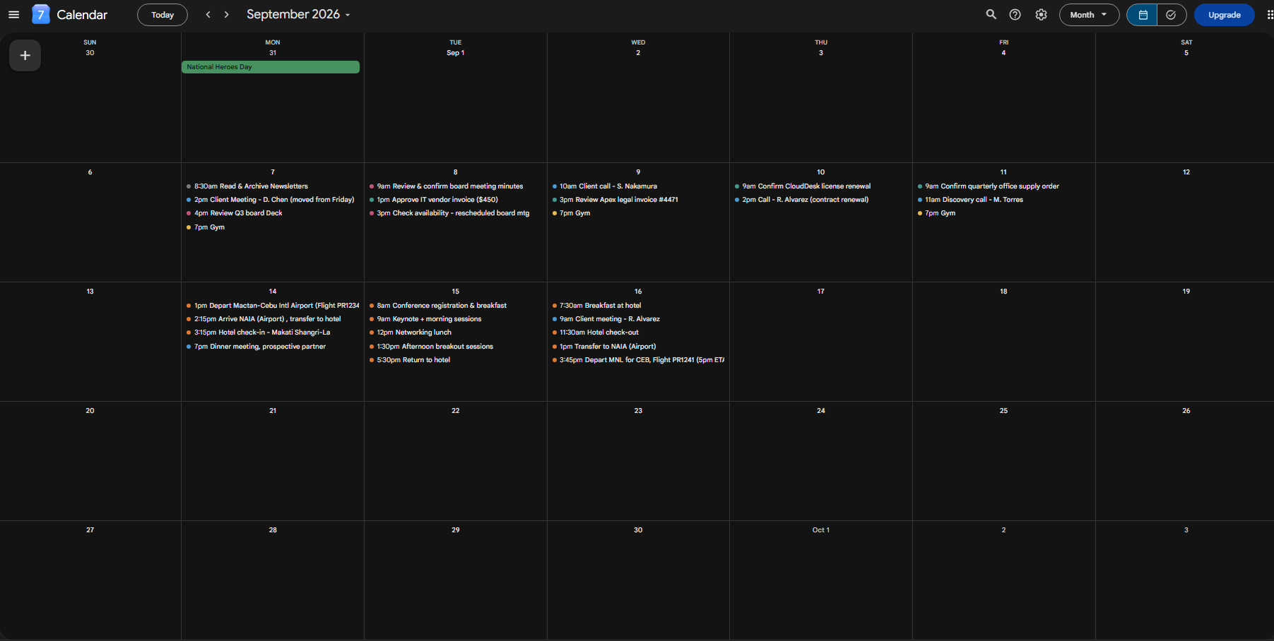 September 2026 calendar showing routine work week and travel week