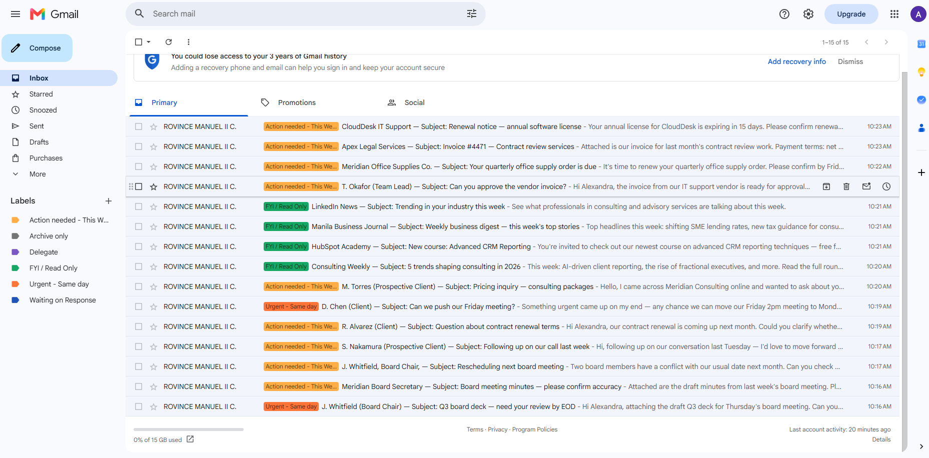 Gmail inbox with all 15 emails labeled by triage category